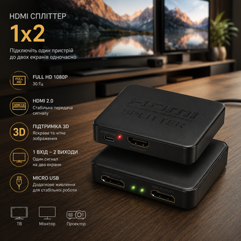 HDMI сплиттер PowerPlant 1x2, Full HD 1080P 30 Гц, HDMI 2.0, 3D, разветвитель на 2 экрана, Micro USB