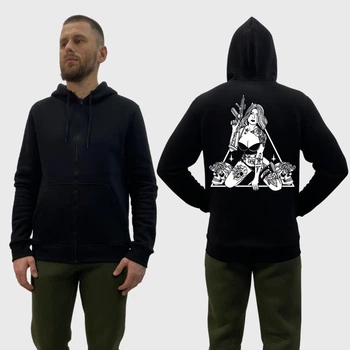 Мужской худи на молнии на флисе с принтом Sunset Goons дівчина з автоматом та двома черепами, Черный Размер S (MZIPH230BL48)