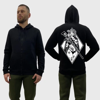 Мужской худи на молнии на флисе с принтом Sunset Goons військова дівчина з мікрофоном та автоматом, Черный XL XXL (MZIPH210BL48)