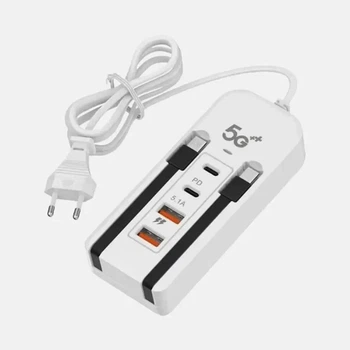 Сетевое зарядное устройство 66W на 2 USB со встроенными кабелями, быстрая зарядка для смартфонов и гаджетов