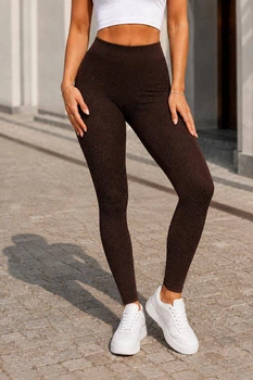 Леггинсы женские из эластичного дайвинга Skinny с высокой посадкой, поясом на резинке и декоративной россыпью камней G&M k-132195 S-M Размер цвет шоколад