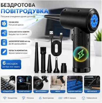 Бездротова повітродувка Air Duster 51000 об/хв | Турбовентилятор для чищення ПК, клавіатури та техніки