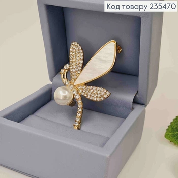 Брошь "Стрекоза" с жемчужиной и камешками, размер 3*5см