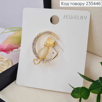 Брошь КОШКА на Луне украшена Блестящими камешками, 3,3см, Золотого цвета