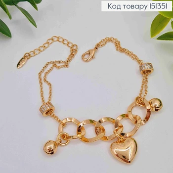 Браслет с подвеской "Золотое Сердце", длина 17+3см, Xuping 18K