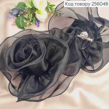 Брошь-заколка, объемная роза ЧЕРНОГО цвета, 24см, ткань органза кристаллин, ручная работа