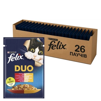 Вологий корм для котів Purina Felix Fantastic Duo з яловичиною та птицею шматочки в желе (26х85г)