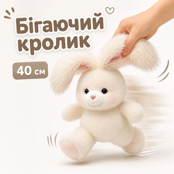 Бегающая игрушка Кролик 40 см, мягкая игрушка белый зайчик с имитацией бега, плюшевый бегущий кроль с длинными ушами Rab40