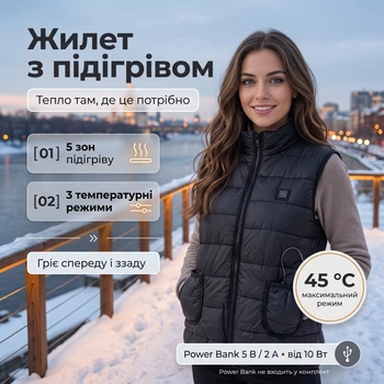 Жилет безрукавка з підігрівом від Power Bank USB Жилетка з підігрівом від Power Bank 3XL (розмір 42–46), чорна