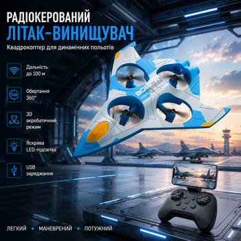 Літак винищувач Квадрокоптер 4DRC 4D-V56 літак на радіокеруванні, утримання висоти, 120 м, 360°, USB, синій