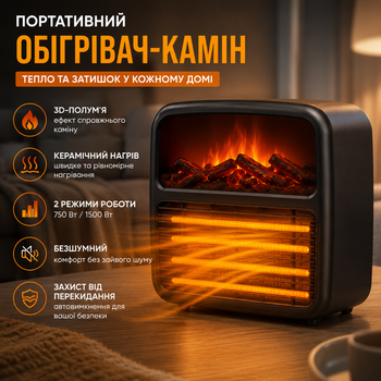 Портативний обігрівач-камін 1500 Вт: 3D-полум'я, Керамічний нагрів, 2 режими, Безшумний, Захист від перекидання