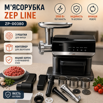 Електрична м'ясорубка Zepline ZP-00380 3000 Вт з реверсом, соковижималкою, шатківницею та насадкою для ковбас,кеббе.