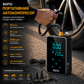 Автомобильный компрессор аккумуляторный SUITU портативный, беспроводной насос 10 Атм, 25 л/мин, LCD дисплей, для автомобиля, мотоц