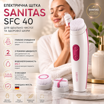 Электрическая щетка для чистки лица Sanitas SFC 40: Набор 3 в 1, 2 скорости, IPX-7, Немецкое качество