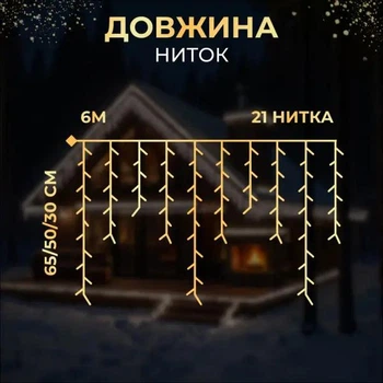 Гірлянда Бахрома вулична 6 м 105 LED IP44 з режимом Flash, Світлодіодна новорічна гірлянда з 21 підвісною ниткою на білому проводі від мережі для фасаду, балкона, вікон, альтанки та вітрин, Білий