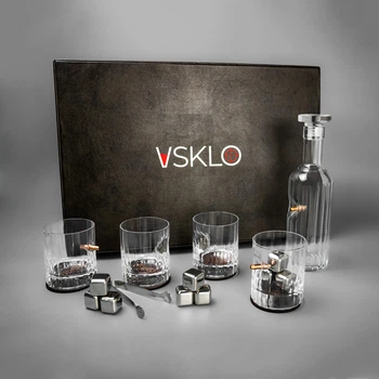 Набор для питья VSKLO Набор ВСЕ Е-5 кристалл Прозрачный 4 стакана графин 16 камней кожаный кейс