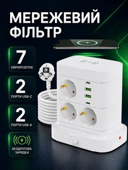 Сетевой фильтр удлинитель адаптер питания беспроводная зарядка 2 USB A 2 Type C на 7 розеток с заземлением и защитой от перенапряжения 2500W 10A кабель 1,8м для компьютера ноутбука настольный PD Power Delivery электрический разветвитель с евророзетками