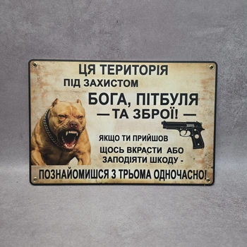 Інформаційна попереджувальна табличка «Ця територія під захистом Бога, пітбуля та зброї» (30х20 см) Метал