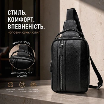 Чоловічий шкіряний джокер з натуральної шкіри з ручкою 30×20×6 Qvant (8693) - Чорний