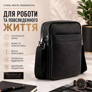 Барсетка мужская из натуральной кожи 27×21×8 через плечо большая Qvant (9748в) - Черная