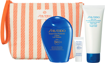 Набір сонцезахисних засобів Shiseido Sun Protection Лосьйон SPF 50+ 150 мл + Крем для обличчя SPF 50+ 5 мл + Емульсія після засмаги 75 мл + Косметичка (3423222147648)