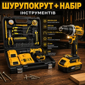 Шуруповерт аккумуляторный 48 В 6 А·ч дрель бесщеточная 450 Нм электрошуруповерт беспроводной 1700 об мин инструмент 13 мм быстрозажимной для сверления закручивания дерева металла кирпича с двумя батареями набором кейсом