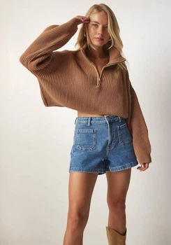 Укороченный свитер на змейке беж one size