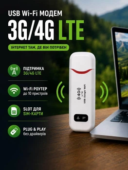 USB Wi-Fi модем 3G/4G LTE з SIM-картою та функцією роутера для дачі, авто та дому