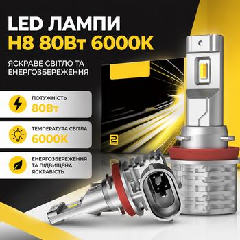 LED лампы H8 80Вт с холодным светом 6000К для авто