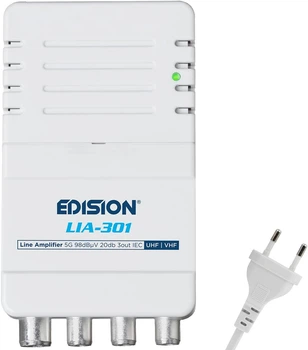 Підсилювач антенного сигналу EDISION LIA-301 білий для UHF VHF з діапазоном частот 47-694 МГц підсиленням 5-20 дБ та роз'ємами IEC на 1 вхід і 3 виходи з LTE фільтром - Уцінка
