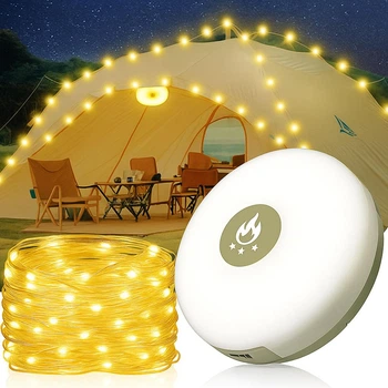 Кемпинговый фонарь с гирляндой 10м, магнитом и USB, Теплый белый + RGB / Аккумуляторная гирлянда с фонарем / Лампа-гирлянда