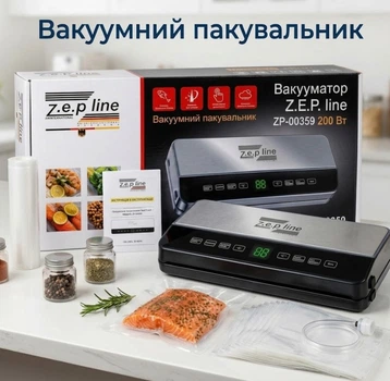 Вакуумний пакувальник Zepline ZP-00359 200 Вт (850 мбар) + Рулон плівки та пакети в подарунок Сенсорний вакууматор із нержавіючої сталі для продуктів