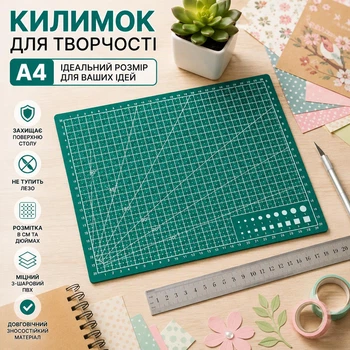 Килимок для рукоділля A4 21×29,7 см самовідновлювальний для різання, розмічальний мат із розміткою в см