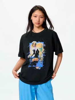 Футболка бавовняна оверсайз довга жіноча Uniqlo 658686893 XS Чорна з принтом (1161940535)