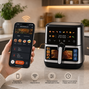 Аерофрітюрниця 12 л з Wi-Fi та керуванням через Tuya Smart Аерогриль з двома тінами сенсорним керуванням 4200 Вт