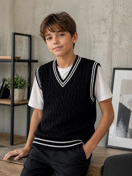 Детская вязаная жилетка с косами ART KNIT черная, 128-134см 046095