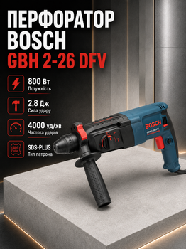 Перфоратор Bosch 800 Вт електричний SDS-plus 2.8 Дж мережевий 3 режими дриль ударний 900 об хв відбійний молоток 4000 уд хв для бетону 26 мм цегли каменю ремонту будівництва з реверсом регулюванням обертів змінним патроном кейсом