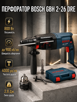 Перфоратор Bosch 800 Вт SDS Plus 2.8 Дж електричний 4000 уд хв трирежимний 900 об хв для свердління бетону 26 мм довбання демонтажу цегли каменю з реверсом регулюванням швидкості антивібрацією додатковим патроном під ключ кейсом