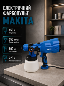 Краскопульт Makita AH550L 650 Вт электрический распылитель краски 220 В со встроенным компрессором баком 800 мл производительностью 550 мл мин тремя соплами 2 2.5 3 мм регулировкой подачи материала ширины факела вязкость 60 DIN для покраски