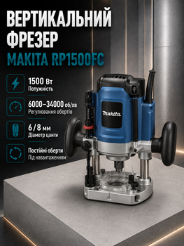 Фрезер Makita 1500 Вт вертикальний фрезерний верстат цанги 6 8 мм ручна машина 6000 34000 об хв для дерева фанери ДСП МДФ пазів кромок профілів отворів з плавним пуском стабілізацією швидкості регулюванням обертів 12 фрезами кейсом