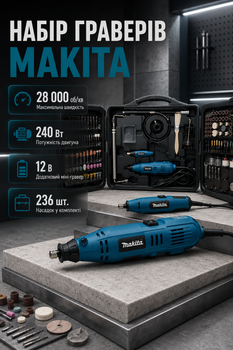 Гравер Makita GD0603 240 Вт электрический прямой шлифовальный инструмент 28000 об мин сетевой 220 В с цангой 3.2 мм регулировкой скорости мини гравером 12 В набором 236 насадок гибким валом для гравировки резки сверления шлифовки в кейсе