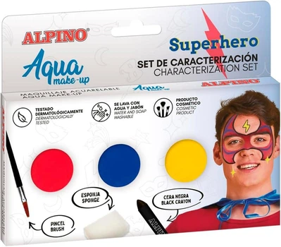 Набір аквагриму для дітей Alpino Aqua Make-Up Superhero для образу супергероя 3 кольори пензель спонж і чорний олівець (SKU-395)