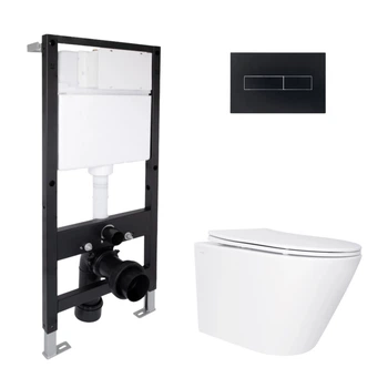 Готовое решение Qtap для ванной комнаты: подвесной унитаз Swan Ultra Quiet 485x360x320 + комплект инсталляции Standard (линейная кнопка Black)