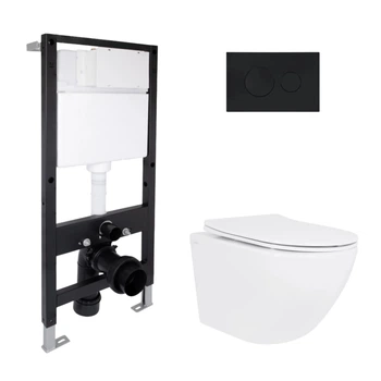 Готовое решение Qtap для ванной комнаты: подвесной унитаз Jay Rimless 485x360x320 + комплект инсталляции Standard (круглая кнопка Black)