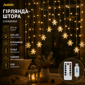 Гирлянда-штора Jsdoin Снежинки 2×1 м, 104 LED, теплый белый, 8 режимов, пульт, таймер, USB