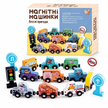 Деревянные магнитные машинки — набор из 10 шт. с 4 дорожными знаками WToys 49325, от 18 месяцев