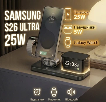 Безпровідна зарядка для Samsung S26-series Galaxy Watch Buds 33w 5 в 1 Samsung Часи, Нічник, Будильник, Док станція, Бездротова зарядка Bluetooth Колонка