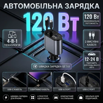 Универсальное автомобильное зарядное устройство в прикуриватель BRA 120W 4в1 с выдвижными кабелями Type-C Lightning, Quick Charge 3.0 и дисплеем Grey