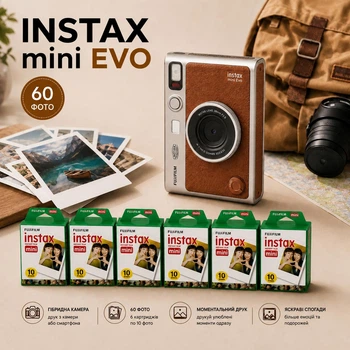 Набор с запасом фотобумаги и фотокамерой мгновенной печати Fujifilm INSTAX MINI EVO Hybrid Brown + 60 фото + подарочная упаковка, коричневый