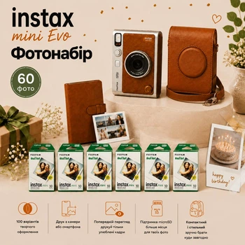 Набор на День рождения с фотокамерой мгновенной печати Fujifilm INSTAX MINI EVO Hybrid Brown + 60 фото + альбом на 108 фото + чехол + подарочная упаковка, коричневый